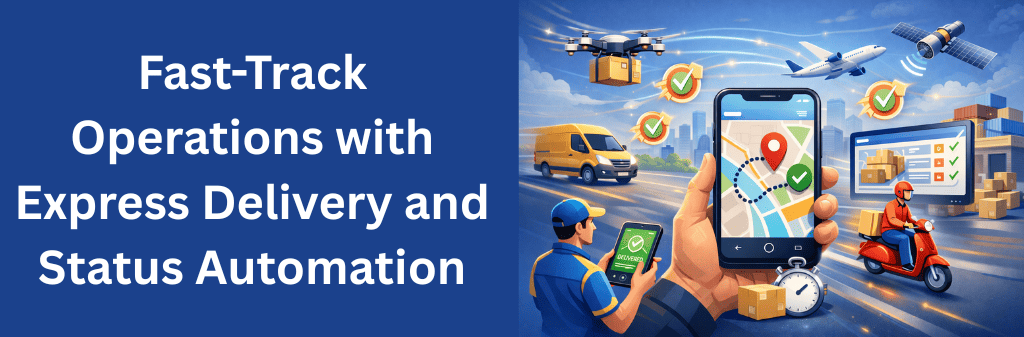 &nbsp;Visual representation of fast-track express delivery operations with automated status updates, courier scooters, vans, drones, and real-time tracking dashboards.