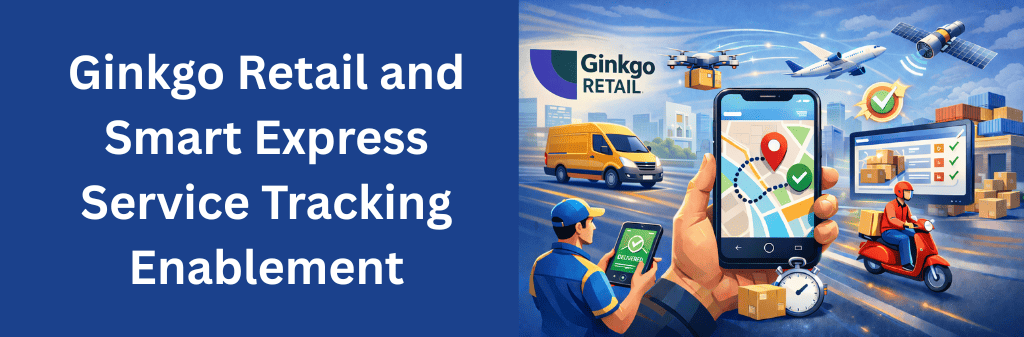 &nbsp;lustration showing Ginkgo Retail branding integrated into a smart express delivery ecosystem, featuring real-time courier tracking on a mobile app, delivery vans, scooter couriers, drones, aircraft, and automated logistics dashboards