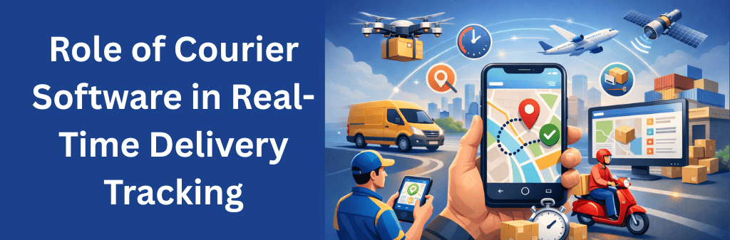 &nbsp;Digital illustration of courier software enabling real-time delivery tracking through mobile apps, GPS maps, delivery vans, and automated logistics systems.