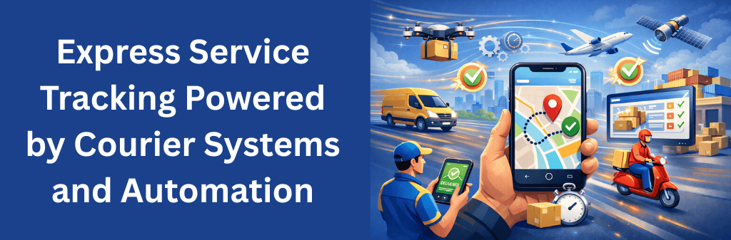 &nbsp;Modern logistics illustration showing express service tracking powered by courier systems and automation, including live route mapping, delivery confirmation, and smart logistics tools